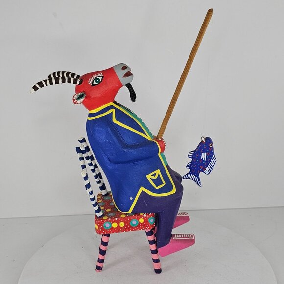 Martin Melchor Folk Art Oaxacan Alebrije Wooden Figurine Goat Fishing On Chair - Picture 4 of 8